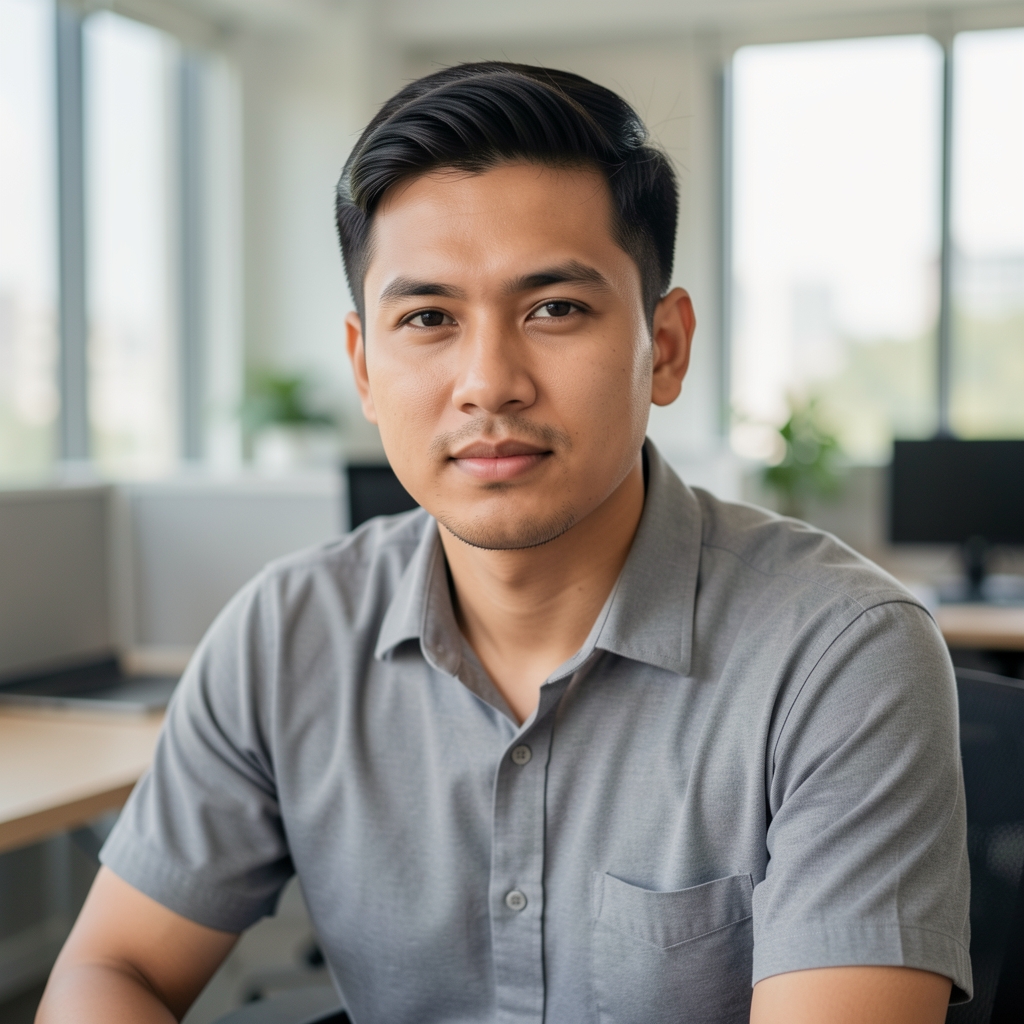 Portrait of a male wellness professional in a casual shirt seated in a modern Jakarta workspace, confident and direct expression, natural daylight