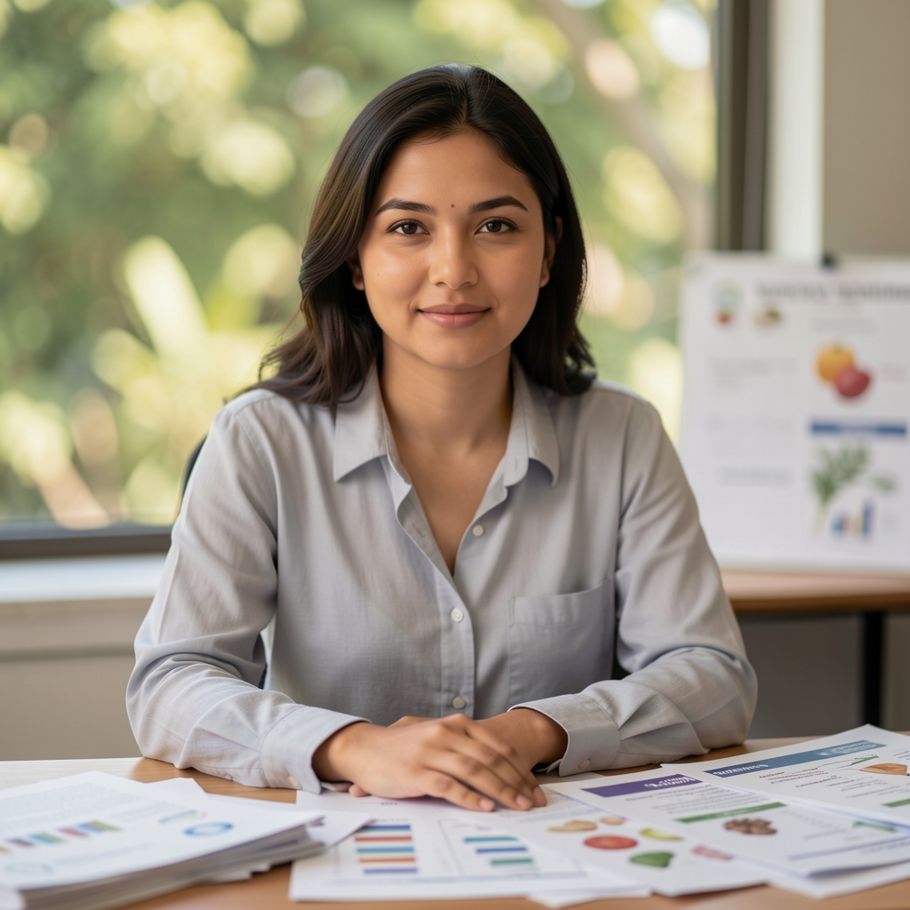 Female nutrition researcher at a desk surrounded by research papers and food composition charts, studious setting, editorial portrait photograph