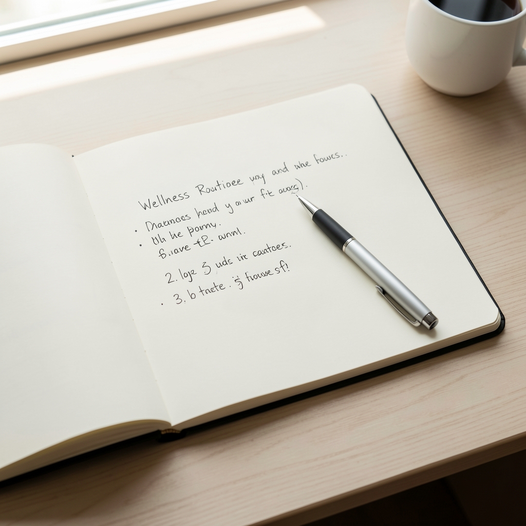 Open notebook with handwritten wellness routine notes, pen resting on the page, natural overhead light, minimalist desk surface