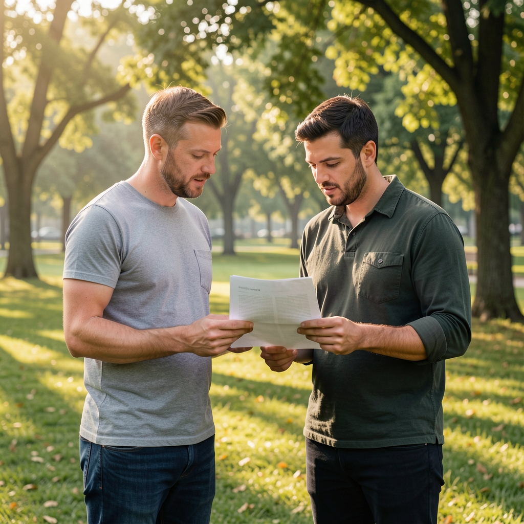 Two men in a South Jakarta park discussing a printed document outdoors, casual clothing, morning light, trees in background