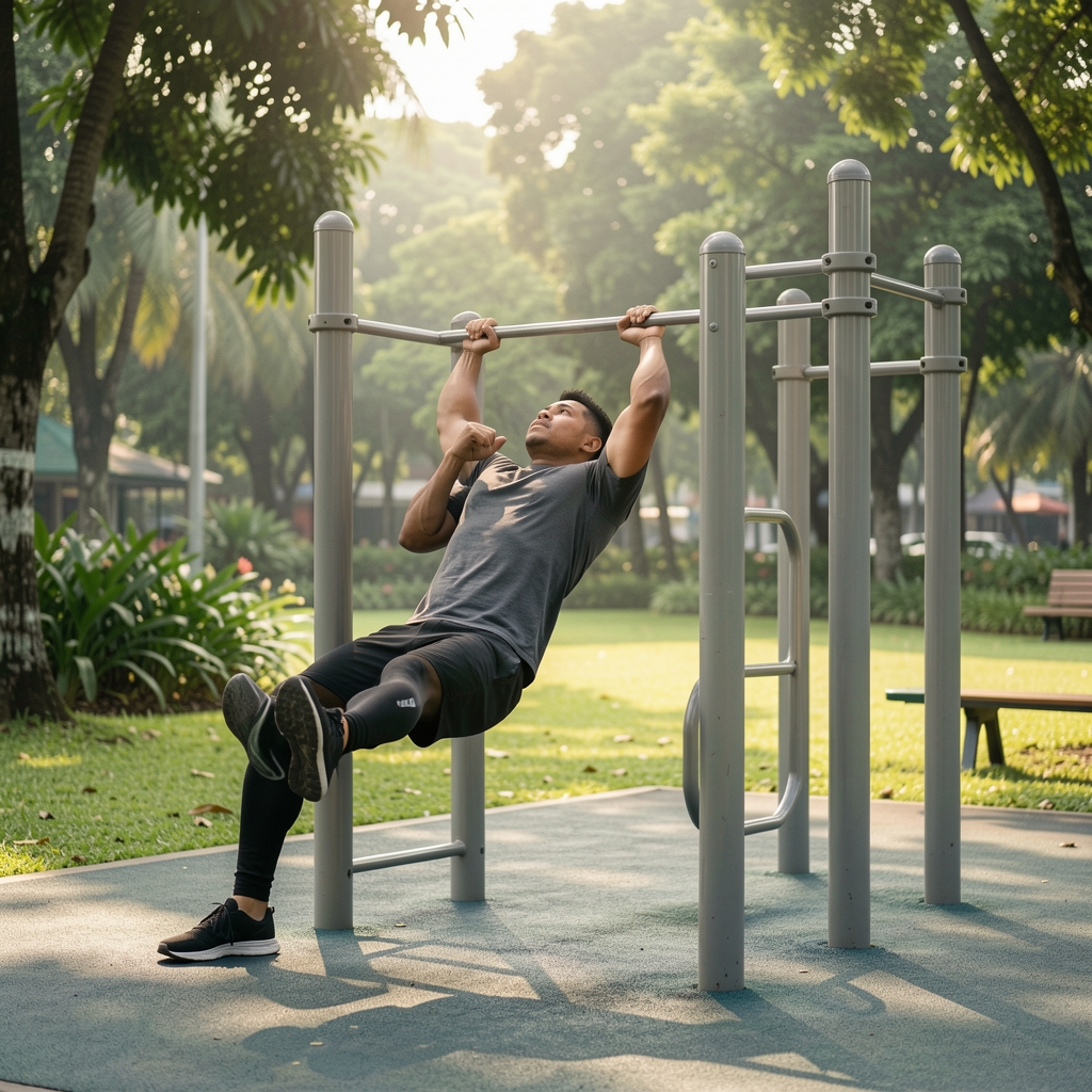 Man doing outdoor bodyweight exercises on a park fitness station, morning light, Jakarta green space in background