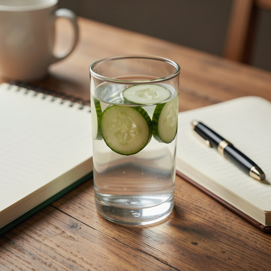 Close-up of a hydration glass with water and sliced cucumber on a wooden desk next to a notebook and pen, editorial still life