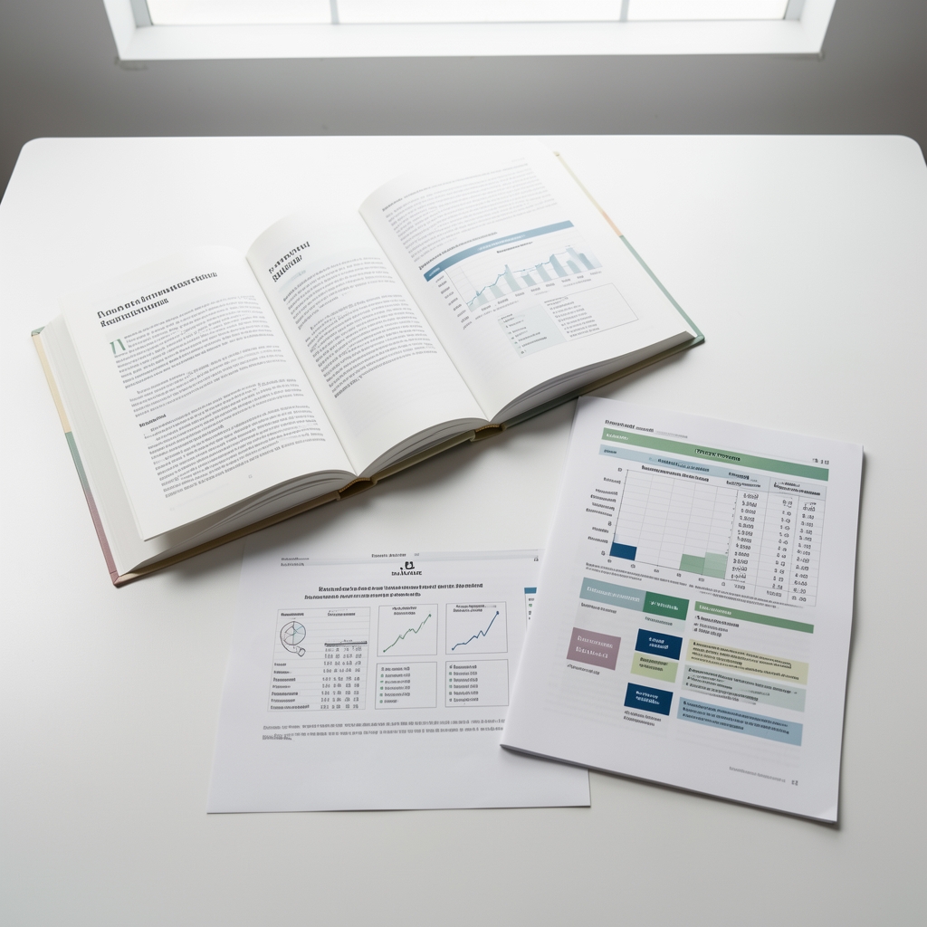 Open research journals and printed nutritional studies spread flat on a clean white desk under studio lighting, editorial documentation setting