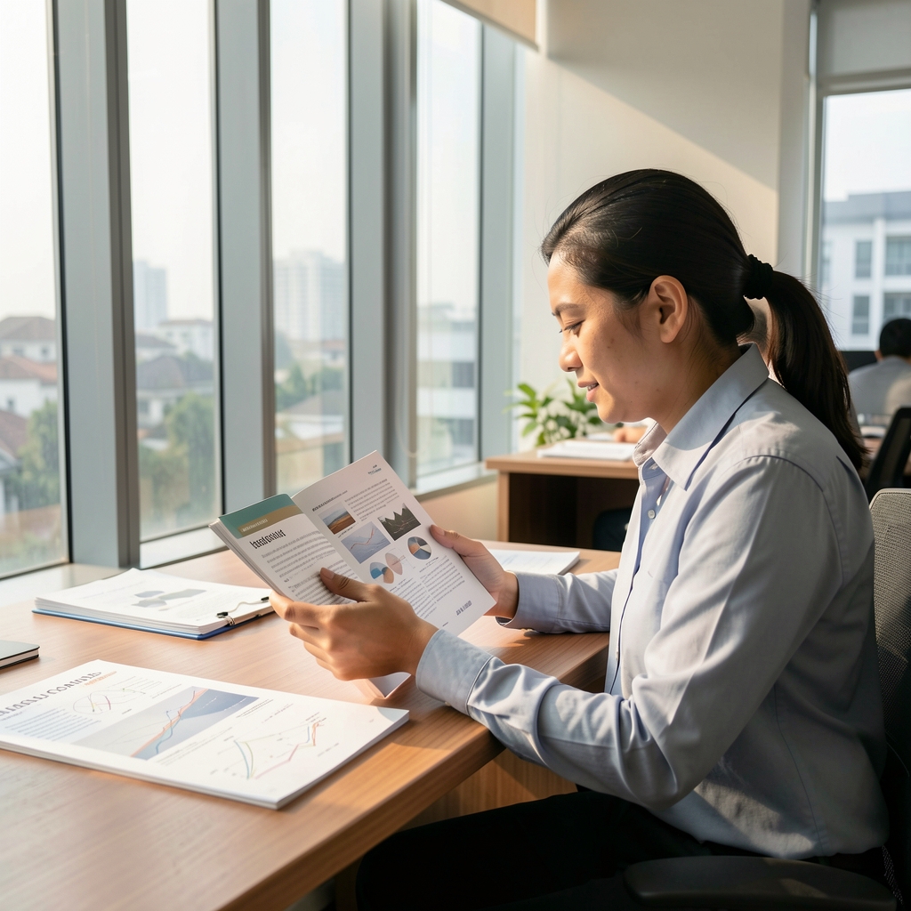 Researcher reading a scientific journal at a wooden desk, printed research tables visible, morning light through large windows in a Jakarta office
