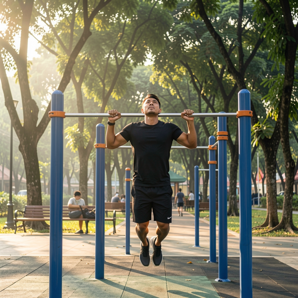 Man doing pull-ups on a bar at an outdoor park fitness station, morning light, trees and park visible behind, Jakarta public space