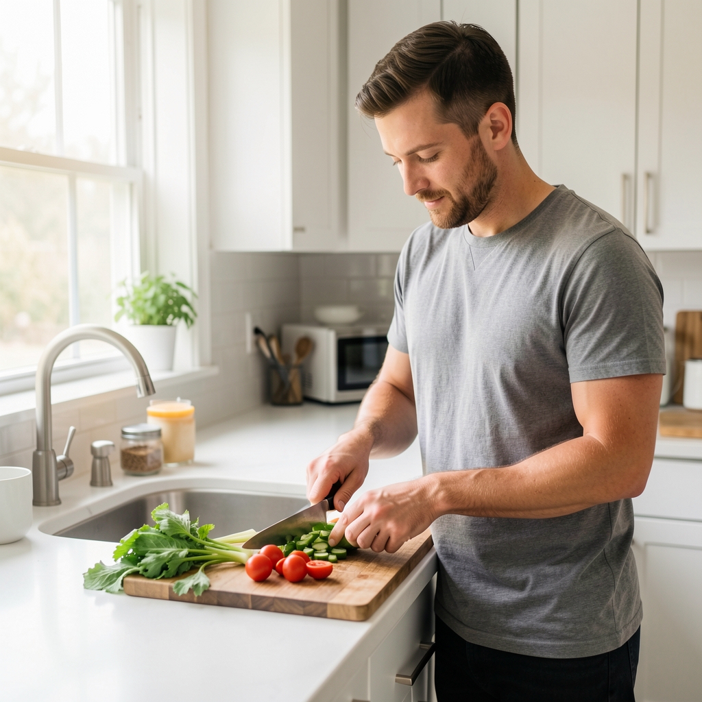 Man preparing a simple meal in a home kitchen, chopping fresh vegetables on a wooden board, bright natural light, clean counter space