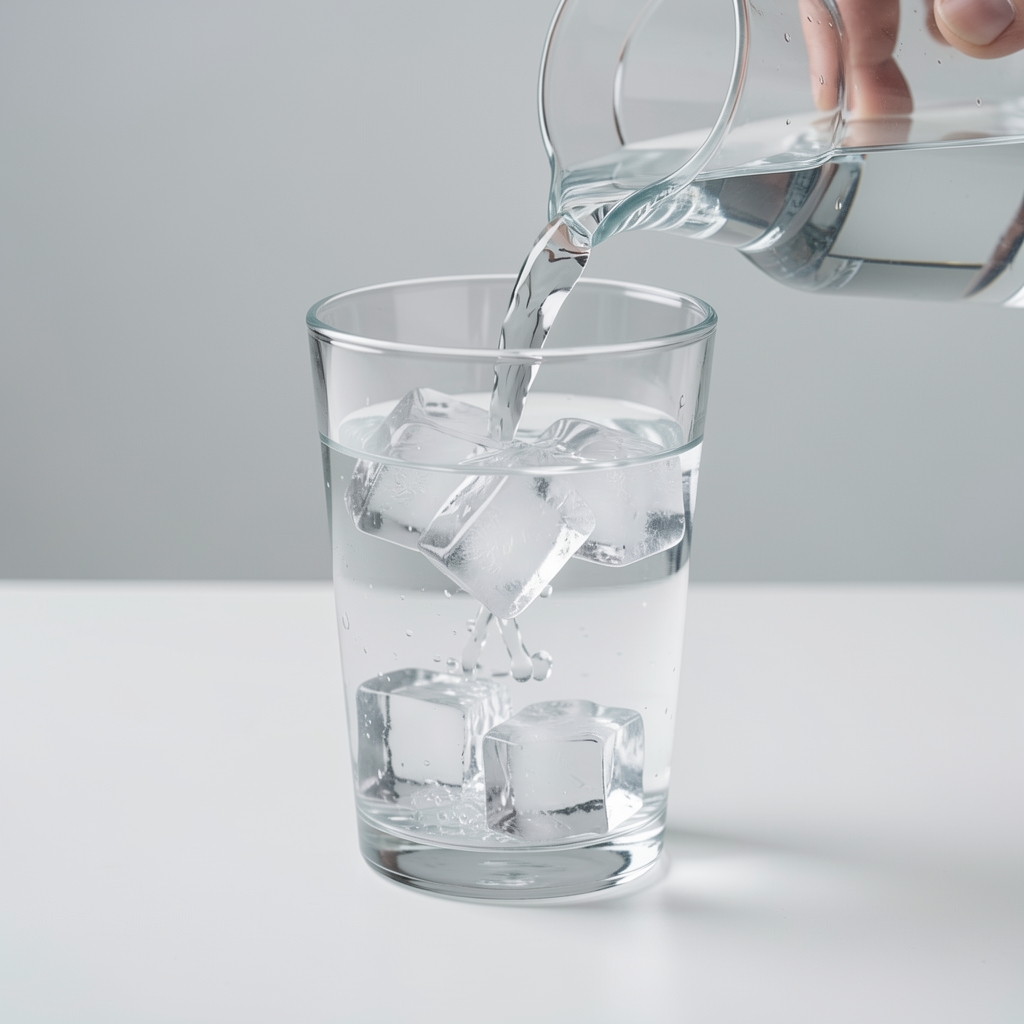 Close-up of a glass of water being poured with ice, clean minimalist surface, hydration-focused editorial still life photography